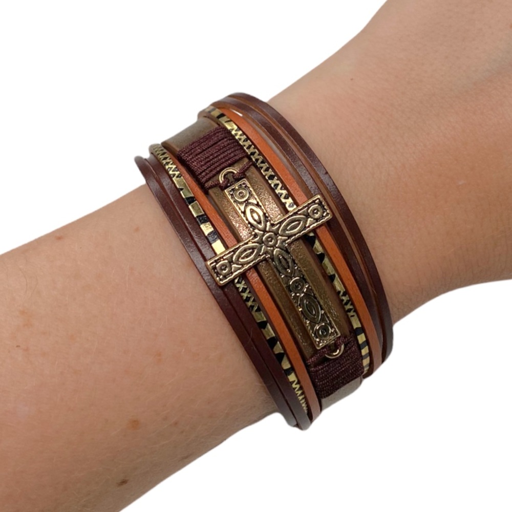 Women’s Genuine Leather Cuff Cowgirl Western Brown Magnetic Wrap Bracelet NEW